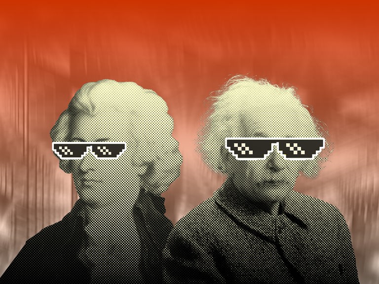 Collage der Portraits von Einstein und Mozart, die beide eine Memebrille tragen.
