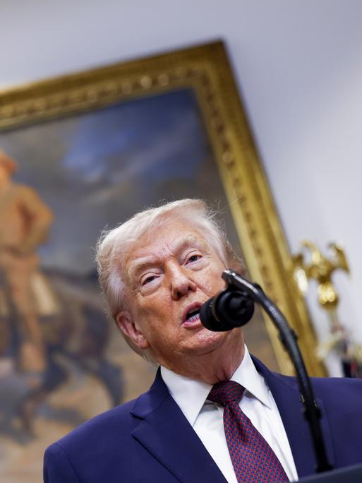 Donald Trump vor einem Mikrofon im Roosevelt Room des Weißen Hauses.