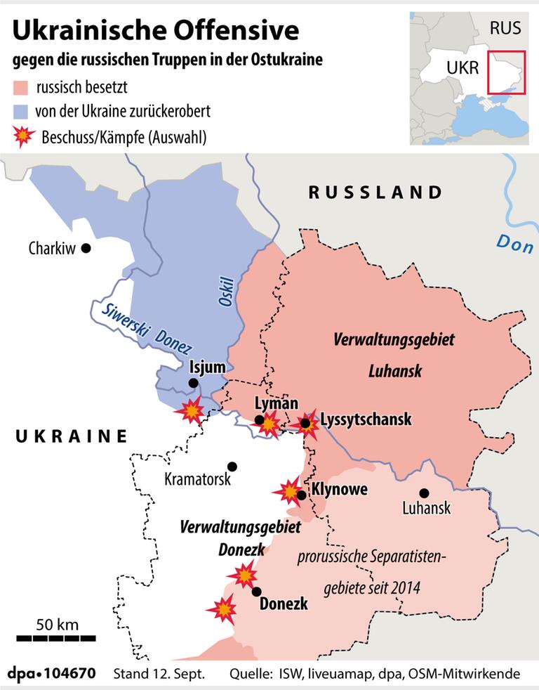 Grafik-Karte zeigt zurückeroberte Gebiete durch die ukrainische Offensive im Nordosten des Landes