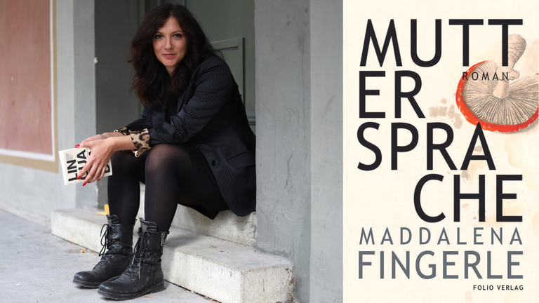 Ein Portrait der Schriftstellerin Maddalena Fingerle und das Buchcover ihres Romans „Muttersprache“
