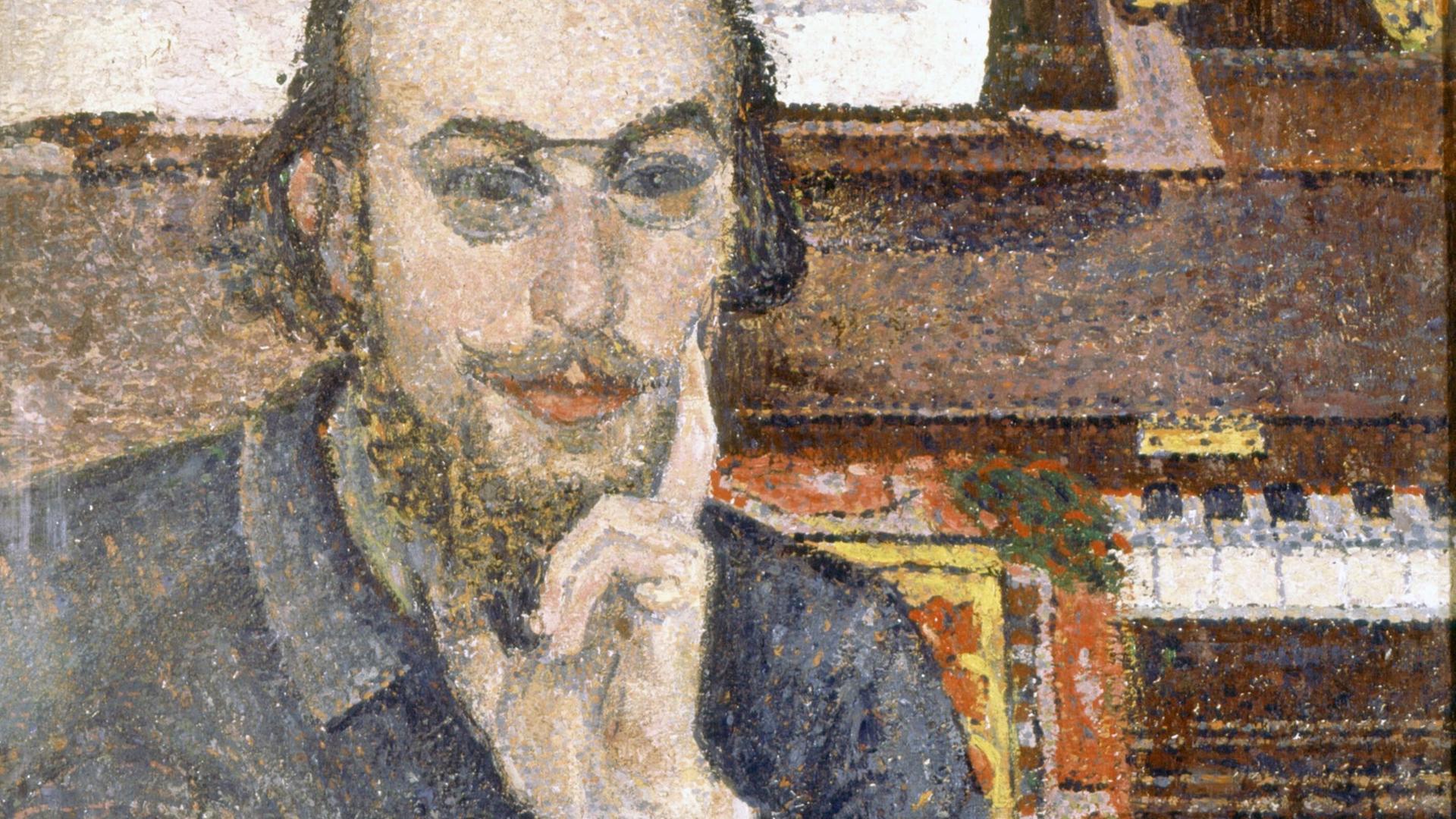 Pointillistisches Porträt (Auszug) von Erik Satie, Öl auf Holz aus einer privaten Sammlung. Pointillistisches Porträt (Auszug) von Erik Satie, Öl auf Holz aus einer privaten Sammlung.