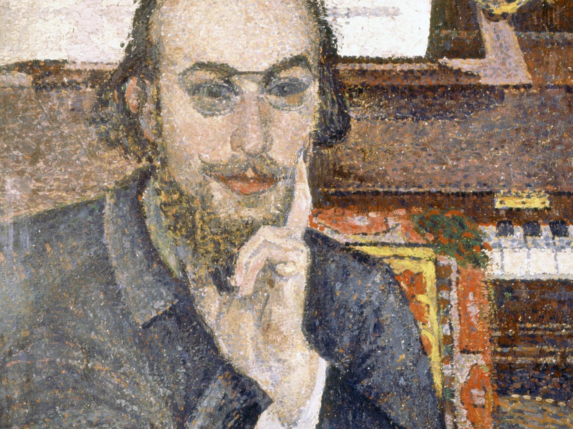 Pointillistisches Porträt (Auszug) von Erik Satie, Öl auf Holz aus einer privaten Sammlung.