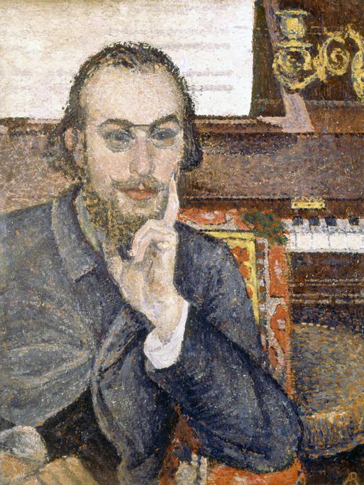 Pointillistisches Porträt (Auszug) von Erik Satie, Öl auf Holz aus einer privaten Sammlung.