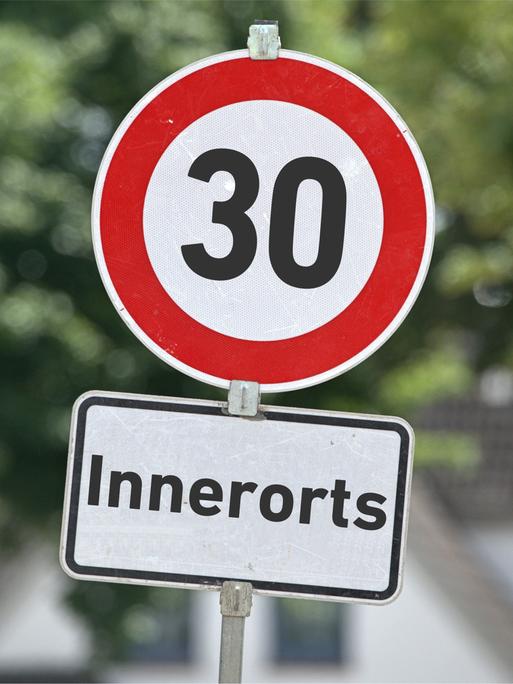 Verkehrszeichen mit der Aufschrift "30" sowie ein Zusatzschild mit der Aufschrift: "Innerorts" an einem Schildermast.