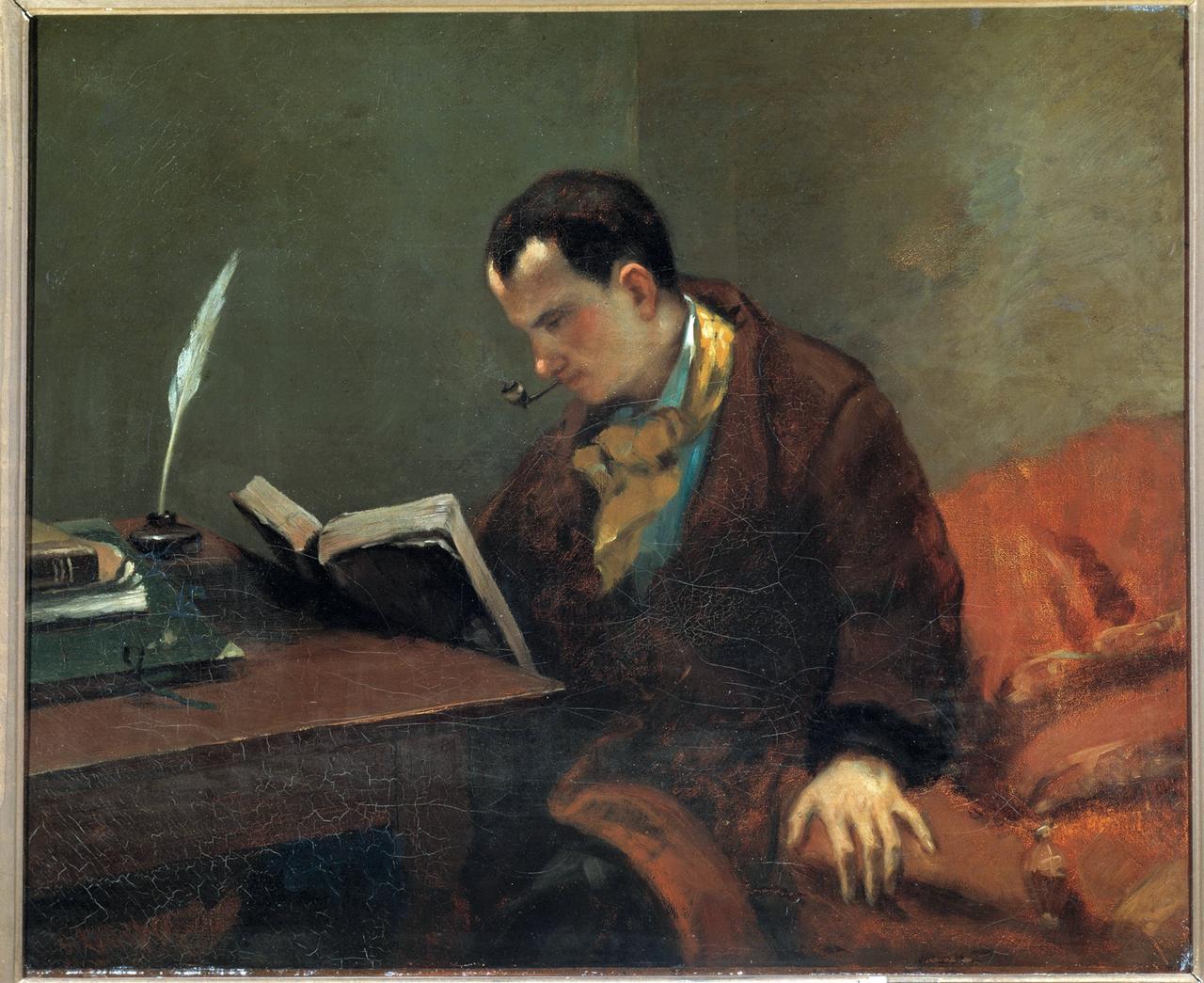 Ölgemälde von Charles Baudelaire, der allein an einem Tisch sitzt und in einem Buch liest.