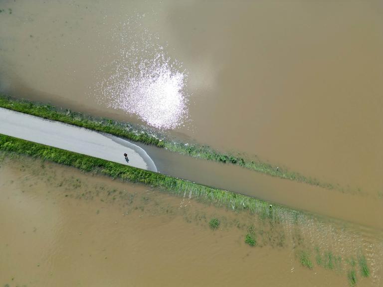 Der Fluss Glenn ist bei Eglhausen in der Gemeinde Hohenkammer über die Ufer getreten und überschwemmt Wiesen, Felder und eine StraÃe, auf der ein Mensch steht (Aufnahmen mit einer Drohne).