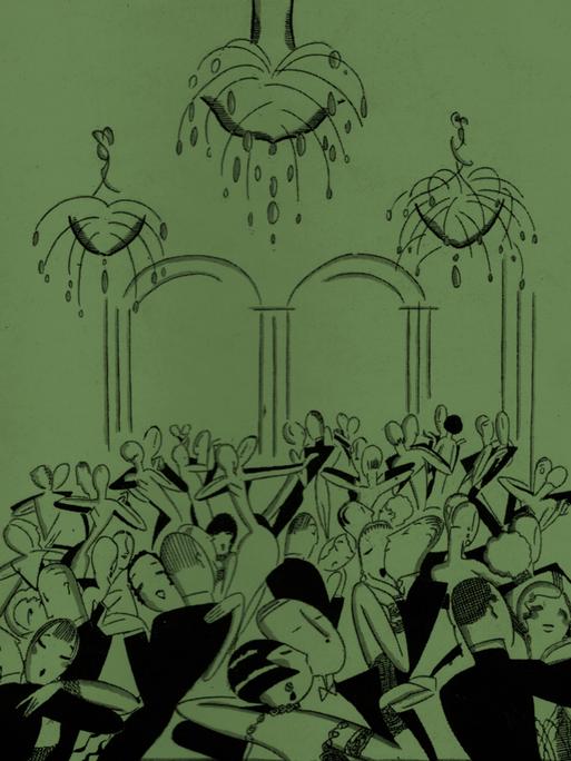 Illustration einer Hotelsituation in schwarz auf grünem Hintergrund. Illustration einer Hotelsituation in schwarz auf grünem Hintergrund.