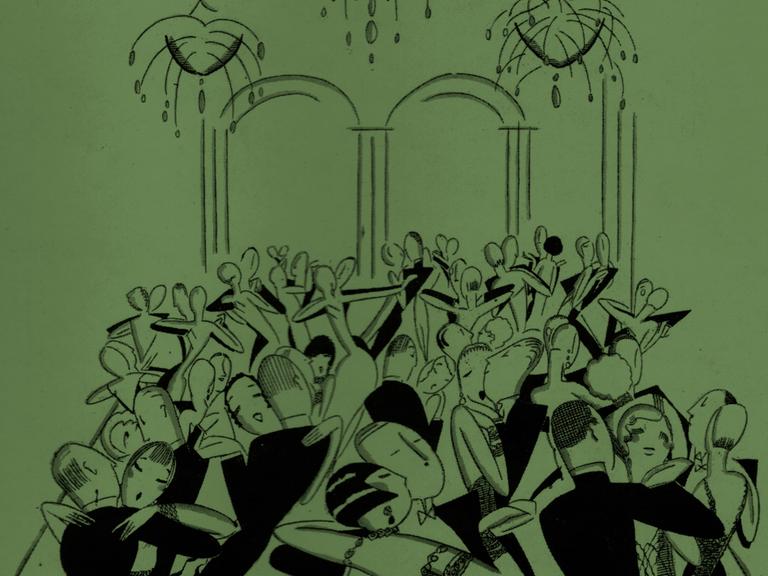 Illustration einer Hotelsituation in schwarz auf grünem Hintergrund. Illustration einer Hotelsituation in schwarz auf grünem Hintergrund.