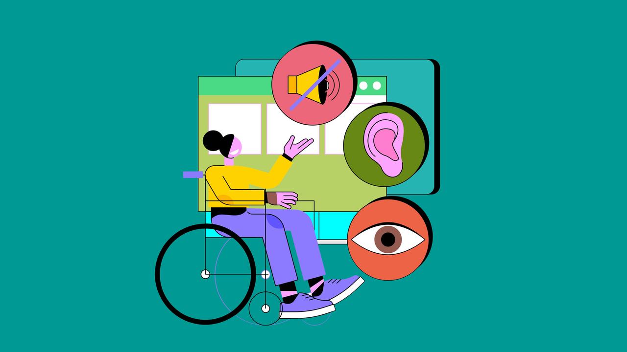 Illustration: Eine Frau in einem Rollstuhl blickt auf Websites für Menschen mit besonderen Bedürfnissen zu den Themen Usability-Design, Zugänglichkeit Online-Inklusivität.