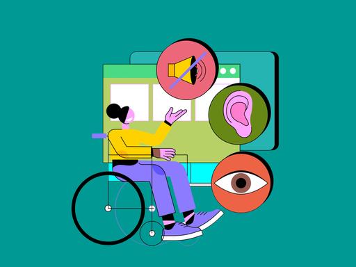 Illustration: Eine Frau in einem Rollstuhl blickt auf Websites für Menschen mit besonderen Bedürfnissen zu den Themen Usability-Design, Zugänglichkeit Online-Inklusivität.