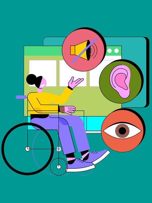 Illustration: Eine Frau in einem Rollstuhl blickt auf Websites für Menschen mit besonderen Bedürfnissen zu den Themen Usability-Design, Zugänglichkeit Online-Inklusivität.