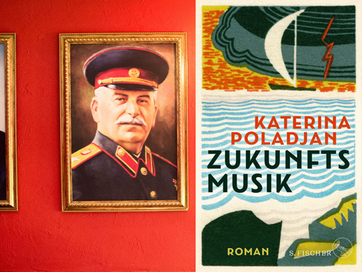 Das Buchcover von Katerina Poladjan: „Zukunftsmusik“ vor einer Wand mit den Portraits von Stalin und Gorbatschow