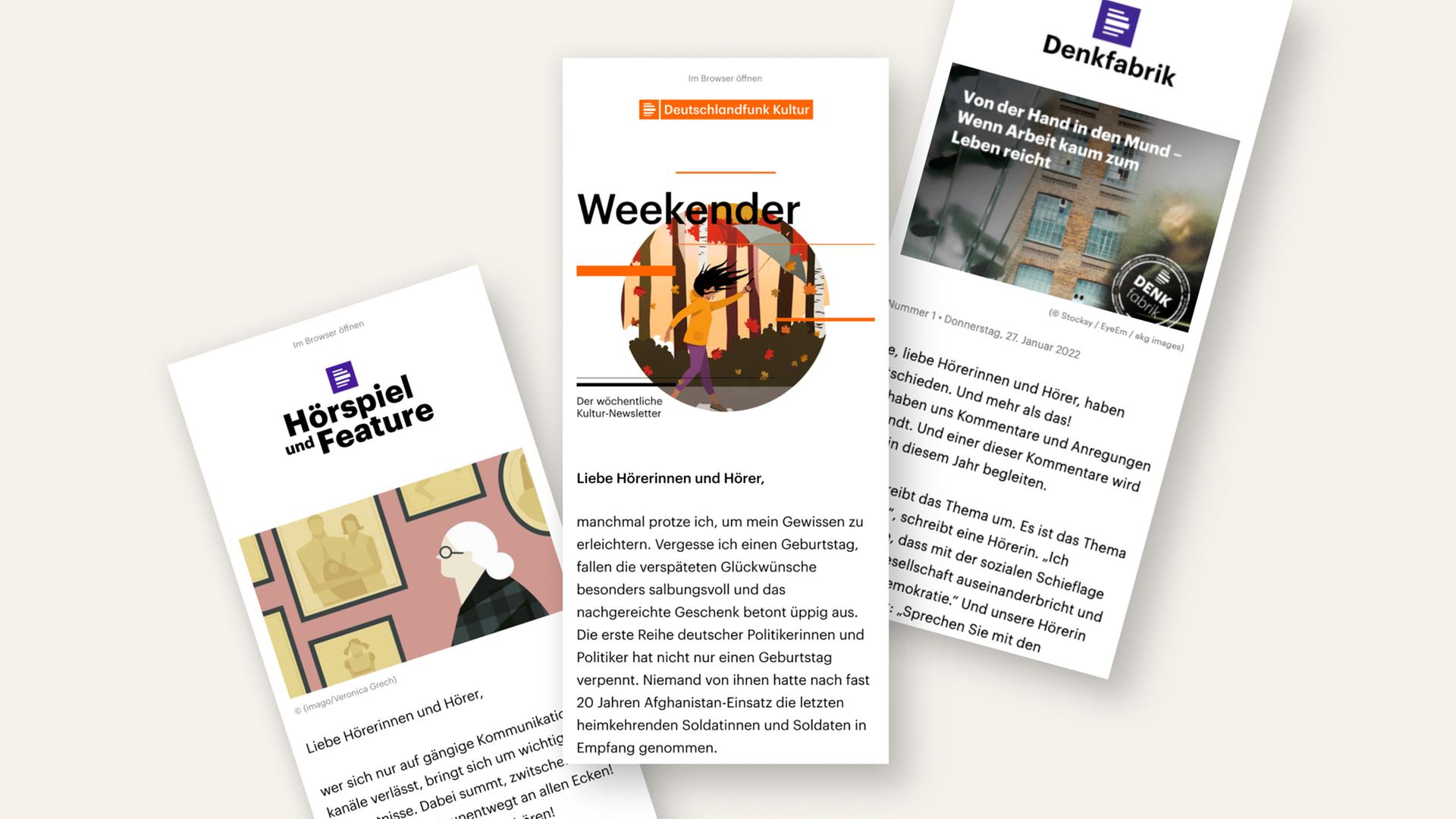 Die Newsletter von Deutschlandfunk und Deutschlandfunk Kultur: Weekender, Denkfabrik und Hörspiel + Feature