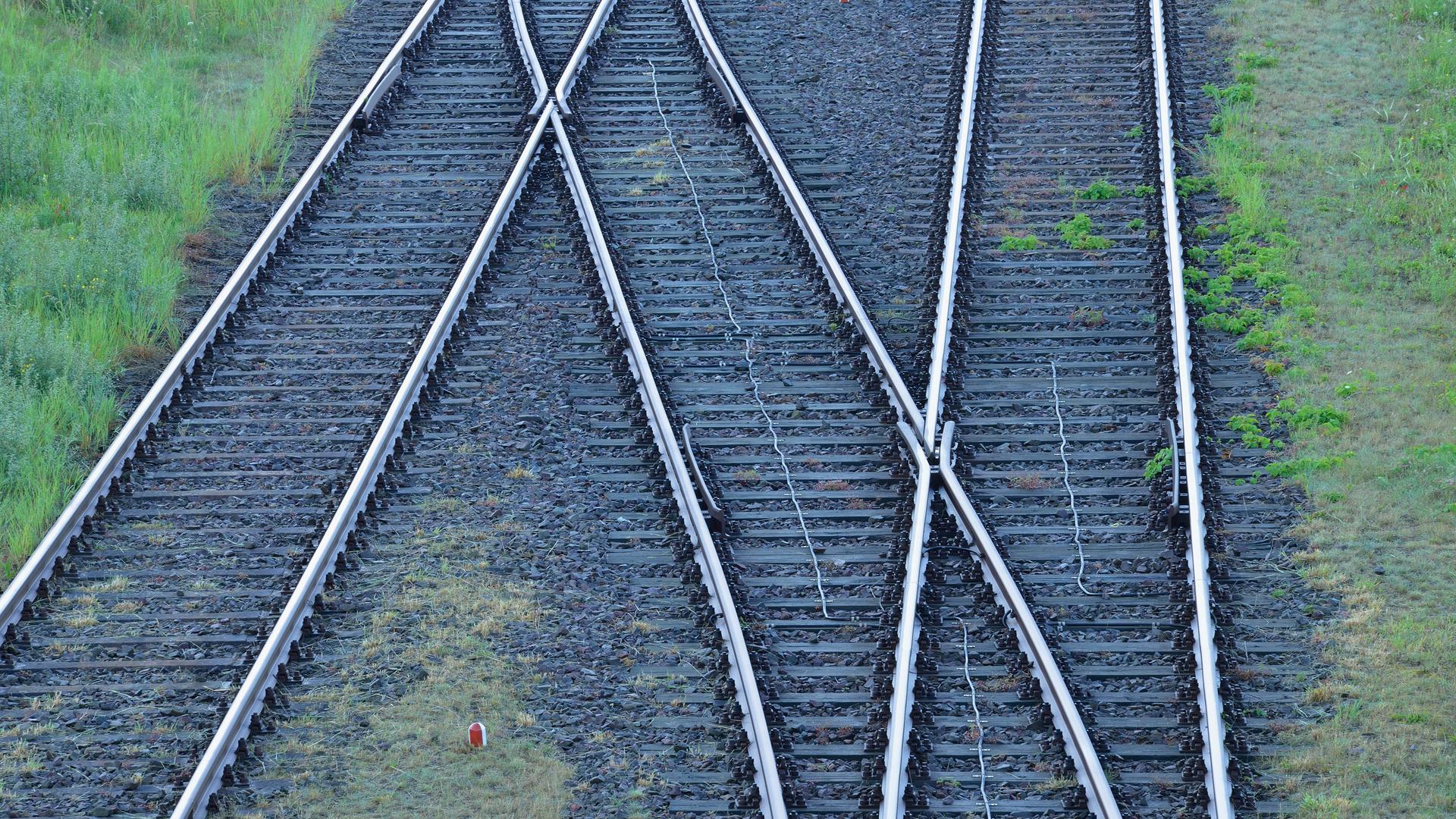 Bahngleise mit Weiche auf schwarzem Schotter, dazwischen wächst teilweise Gras.