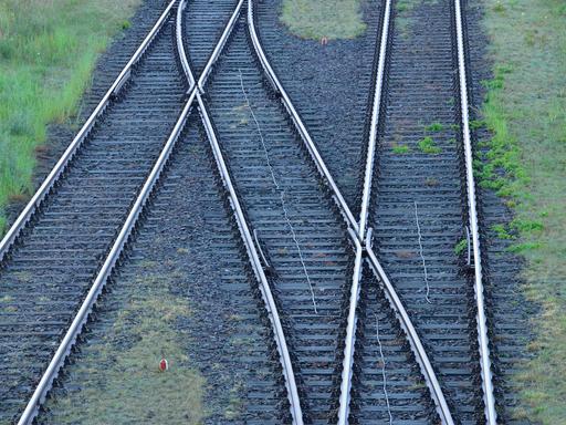 Bahngleise mit Weiche auf schwarzem Schotter, dazwischen wächst teilweise Gras.