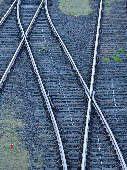 Bahngleise mit Weiche auf schwarzem Schotter, dazwischen wächst teilweise Gras.