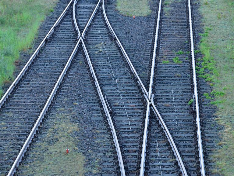 Bahngleise mit Weiche auf schwarzem Schotter, dazwischen wächst teilweise Gras. Bahngleise mit Weiche auf schwarzem Schotter, dazwischen wächst teilweise Gras.