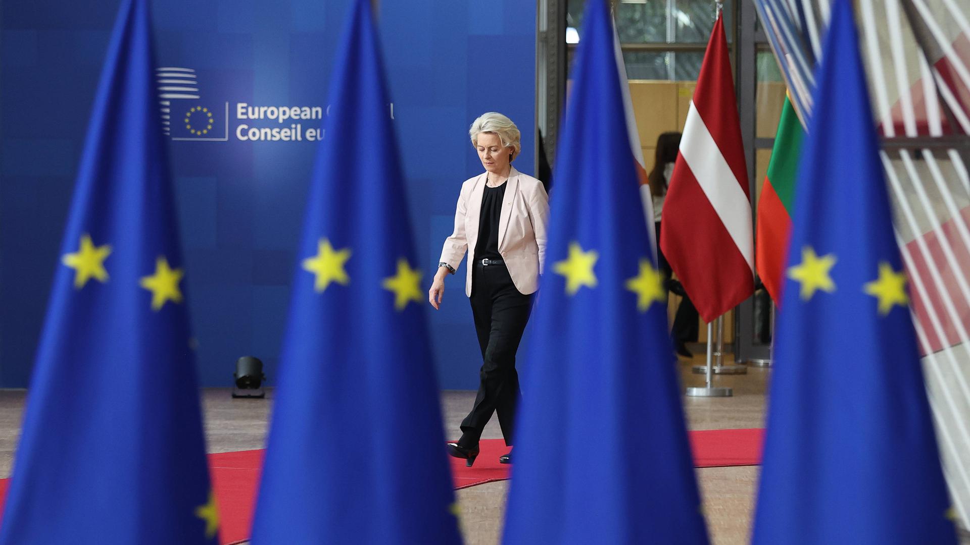 President of the European Commission Ursula von der Leyen arrives for the EU summit in Brussels.
