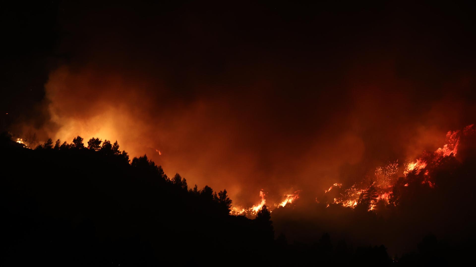 Rauch und Flammen steigen aus einem Waldbrand in der Nacht auf. Rauch und Flammen steigen aus einem Waldbrand in der Nacht auf.