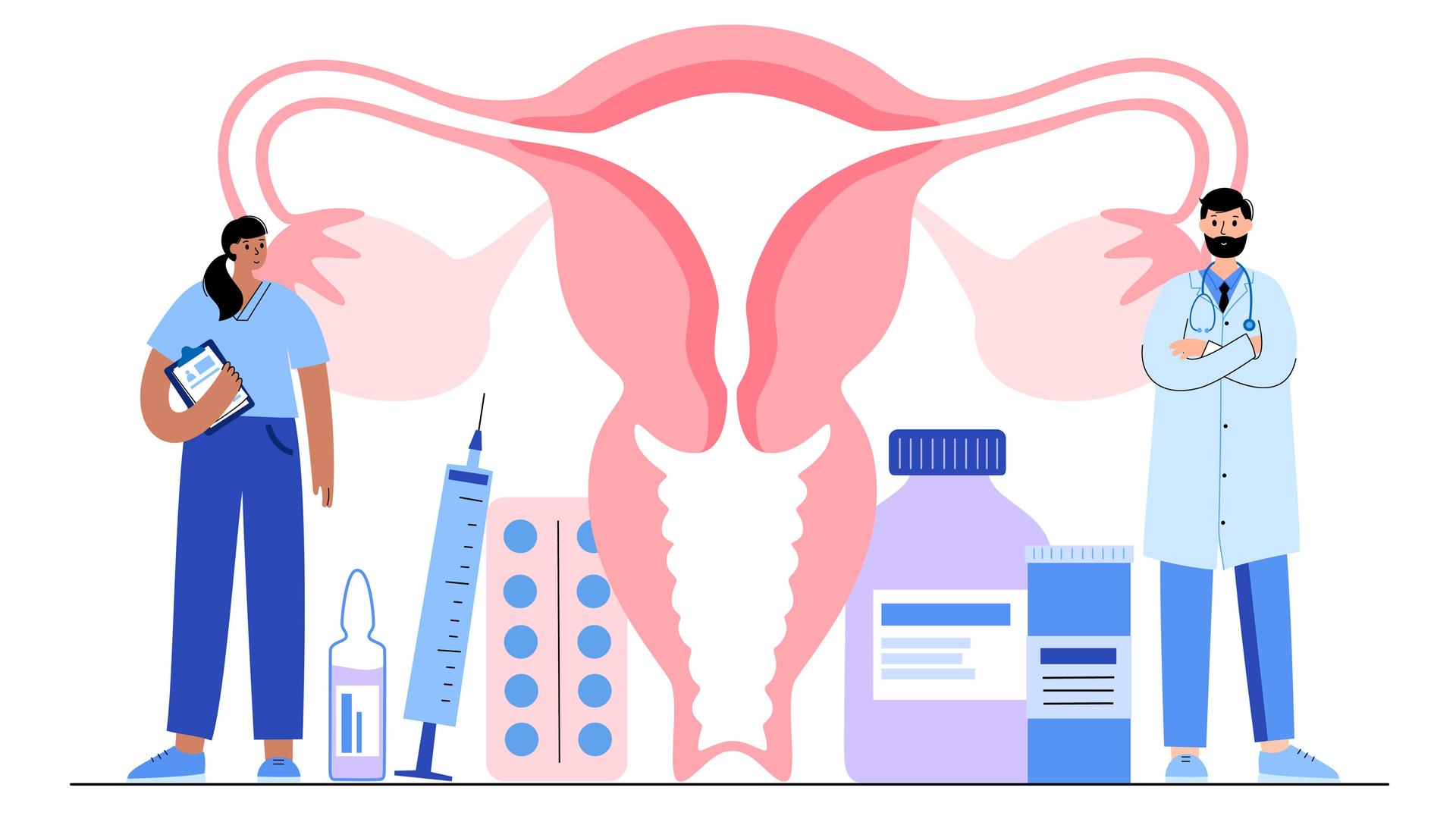 Illustration: Eine junge Frau steht neben unterschiedlichen Verhütungsmitteln und einer lebensgroßen Abbildung einer Gebärmutter. Auf der anderen Seite steht ein Arzt mit verschränkten Armen.