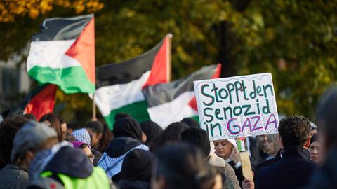 Ein Transparent mit der Aufschrift âStoppt den Genozid in Gaza ist bei einer Pro-Palästina-Kundgebung in Berlin zu sehen. Im Hintergrund sind unscharf mehrere Palästina-Fahnen zu sehen. Aufnahme vom 04.11.2023.