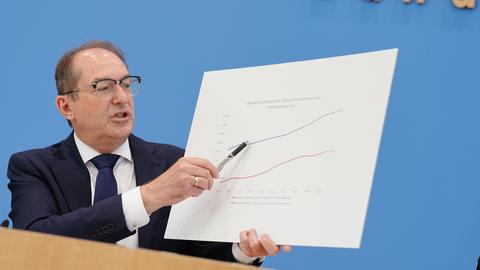 Berlin: Alexander Dobrindt (CSU), Bundesinnenminister, stellt den Verfassungsschutzbericht 2025 vor. Er zeigt auf ein Diagramm.