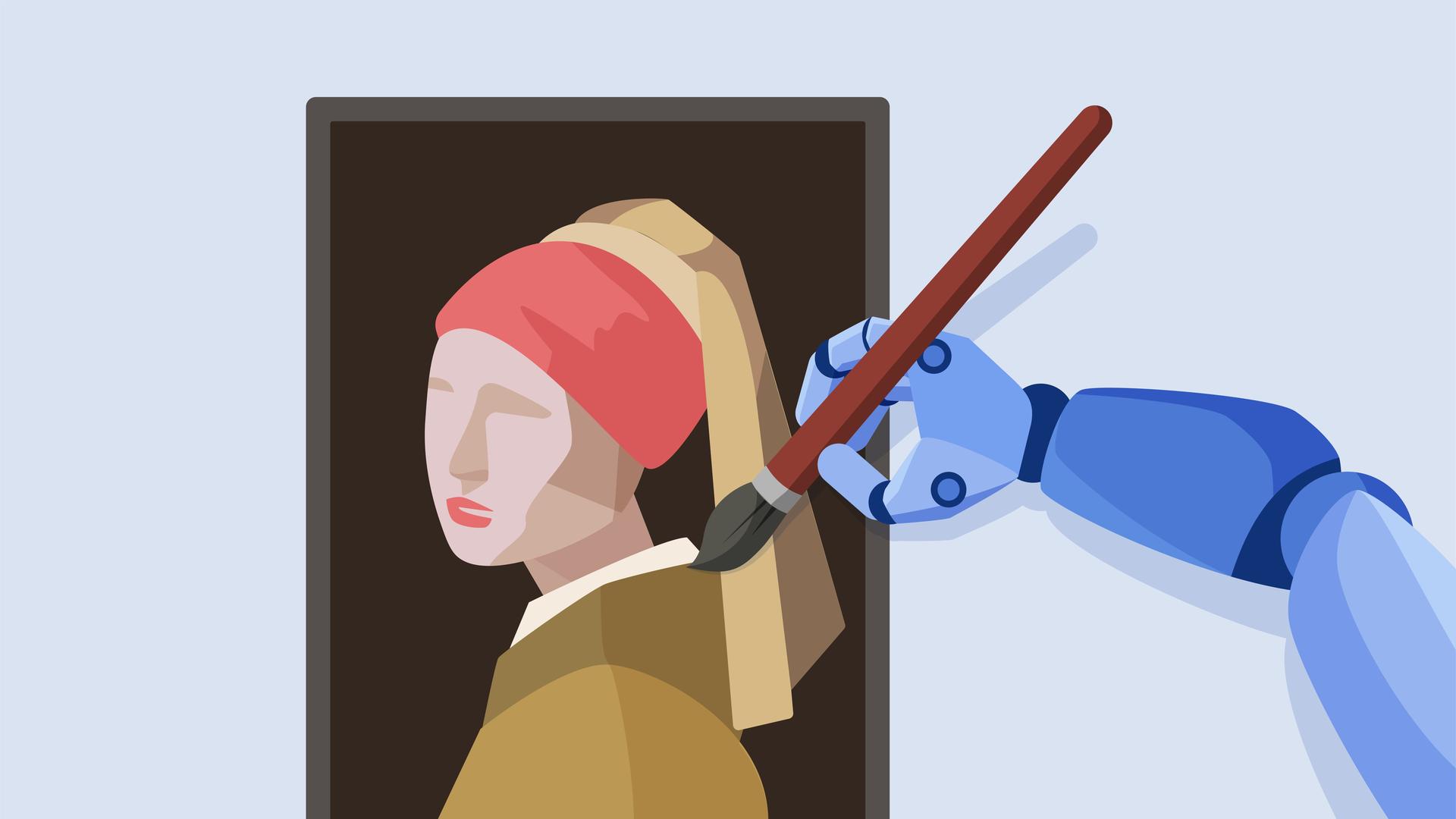 Illustration einer Roboterhand, die dabei ist ein Gemälde zu zeichnen, was an das "Mädchen mit dem Perlenohrring" erinnert. Illustration einer Roboterhand, die dabei ist ein Gemälde zu zeichnen, was an das "Mädchen mit dem Perlenohrring" erinnert.