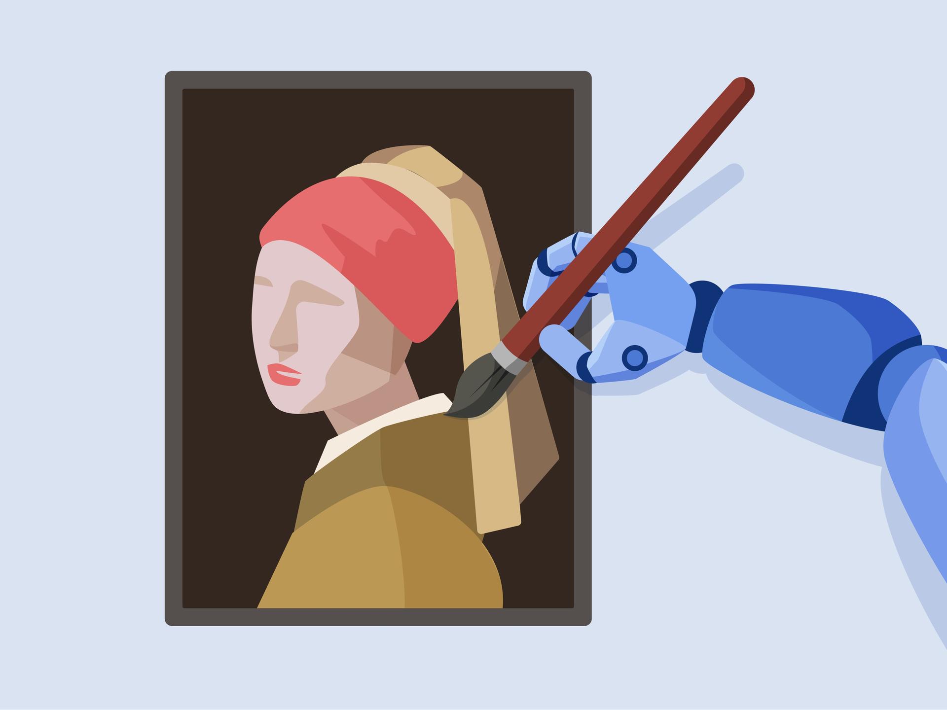 Illustration einer Roboterhand, die dabei ist ein Gemälde zu zeichnen, was an das "Mädchen mit dem Perlenohrring" erinnert.