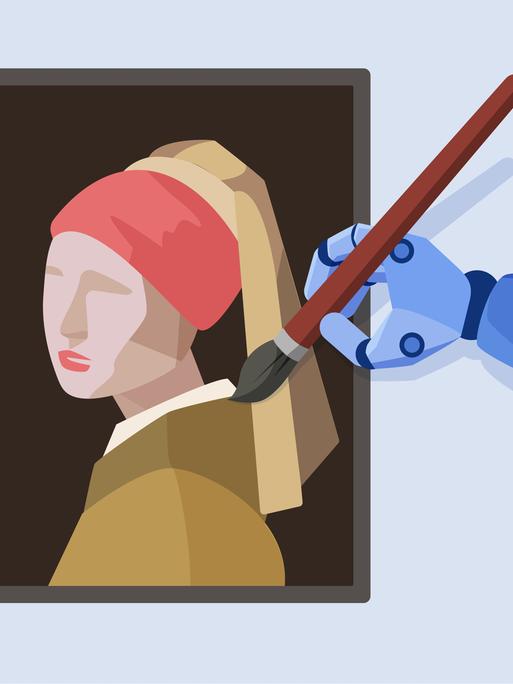 Illustration einer Roboterhand, die dabei ist ein Gemälde zu zeichnen, was an das "Mädchen mit dem Perlenohrring" erinnert.