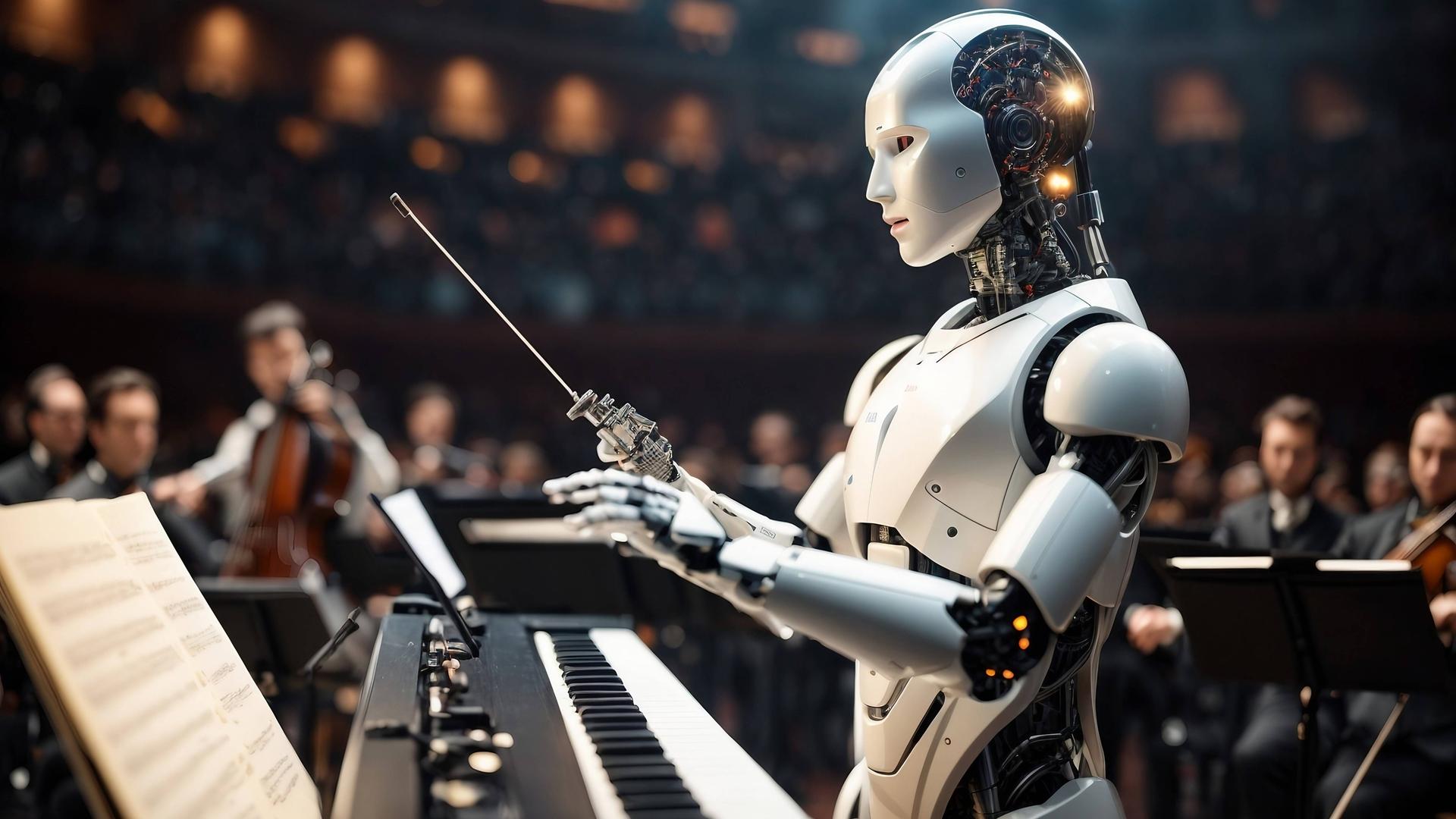 Ein futuristischer humanoider Roboter steht vor einem klassischen Orchester als Dirigent. Ein futuristischer humanoider Roboter steht vor einem klassischen Orchester als Dirigent.