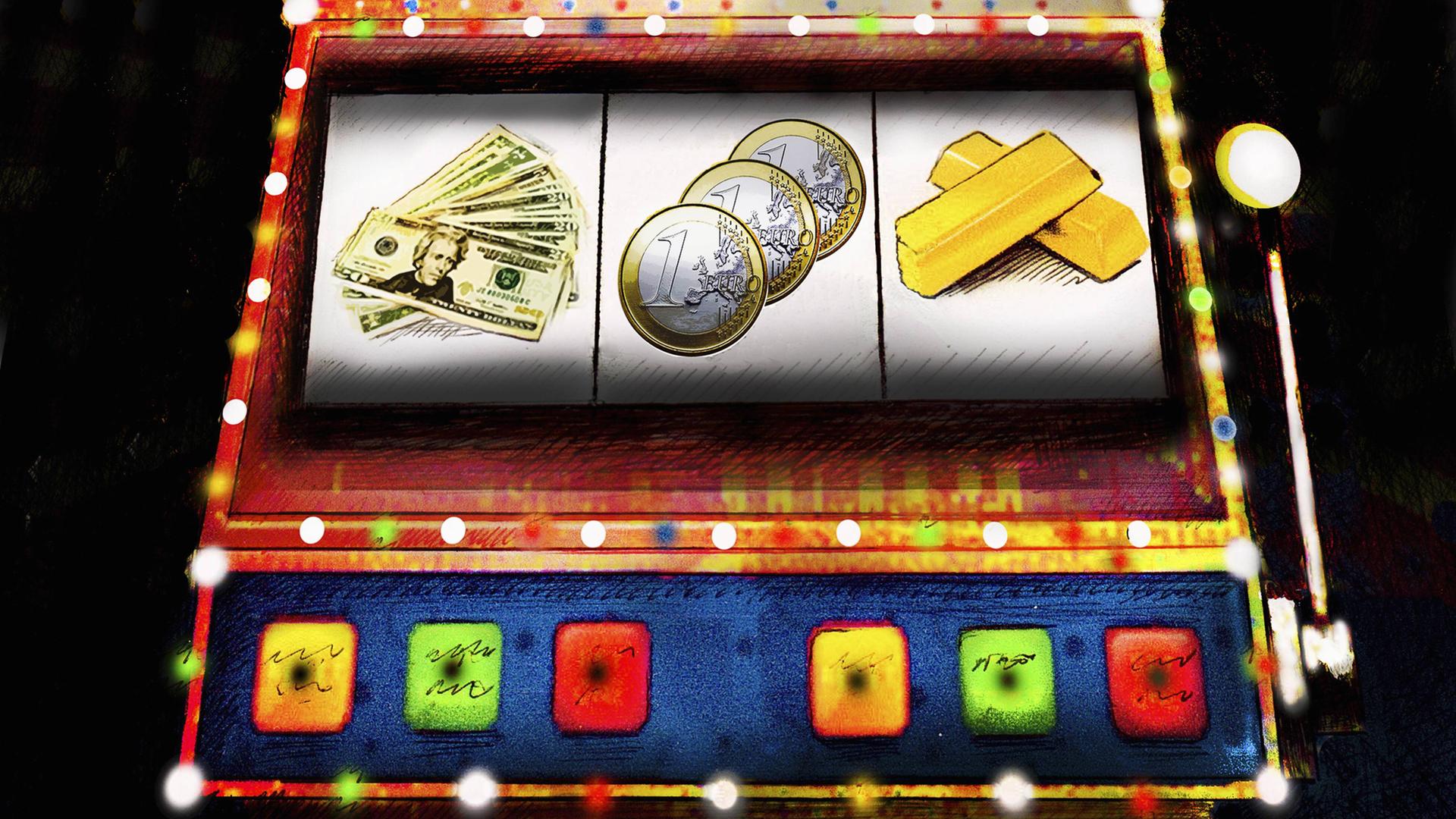 Illustration: Dollarscheine, Euromünzen und Goldbarren auf einem Spielautomaten 