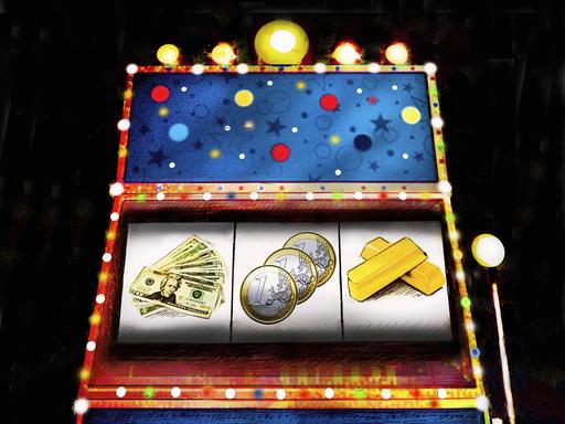 Illustration: Dollarscheine, Euromünzen und Goldbarren auf einem Spielautomaten 