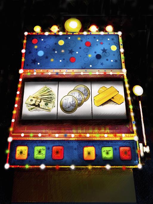 Illustration: Dollarscheine, Euromünzen und Goldbarren auf einem Spielautomaten 