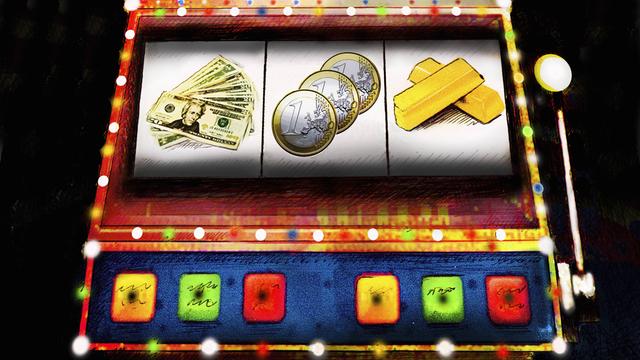 Illustration: Dollarscheine, Euromünzen und Goldbarren auf einem Spielautomaten 