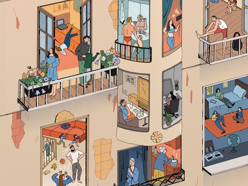 Illustration: Junge und alte Menschen bei verschiedenen Aktivitäten durch die Wohnungsfenster gesehen in einem grossen Haus.
