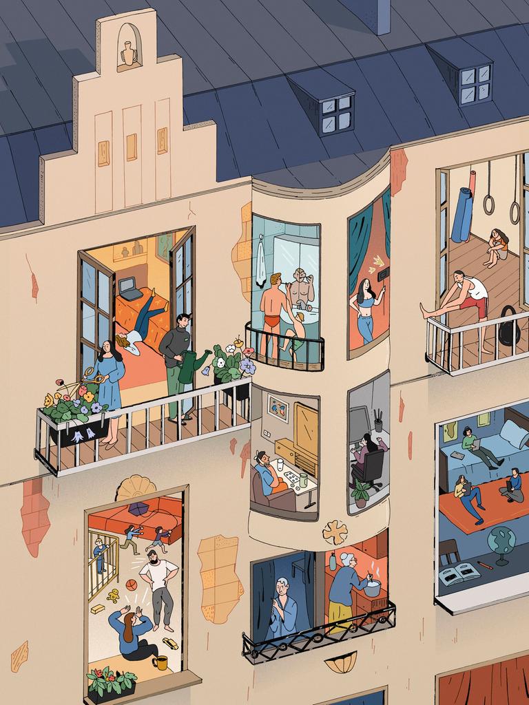 Illustration: Junge und alte Menschen bei verschiedenen Aktivitäten durch die Wohnungsfenster gesehen in einem grossen Haus.