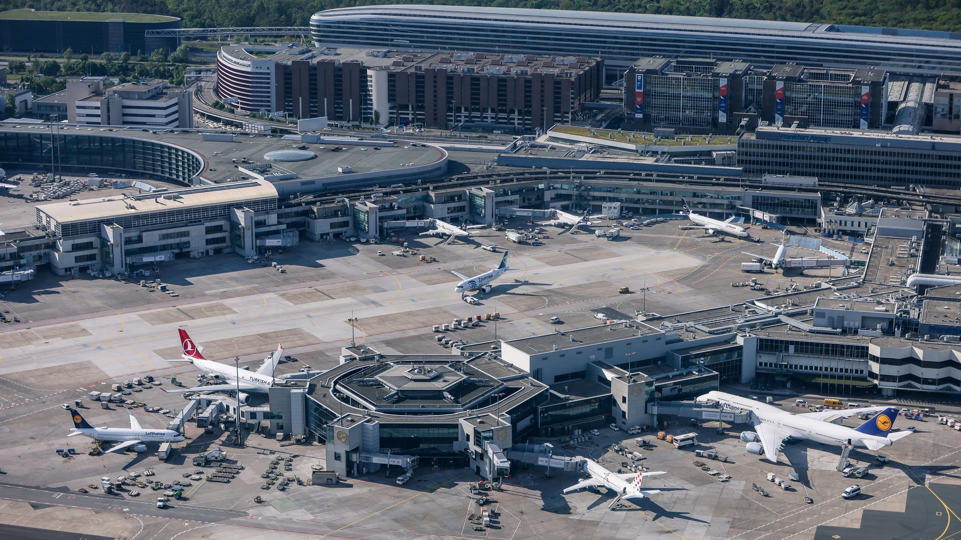 Blick von oben: Verschiedene Flugzeuge stehen an den Gates des Flughafens Frankfurt/Main.