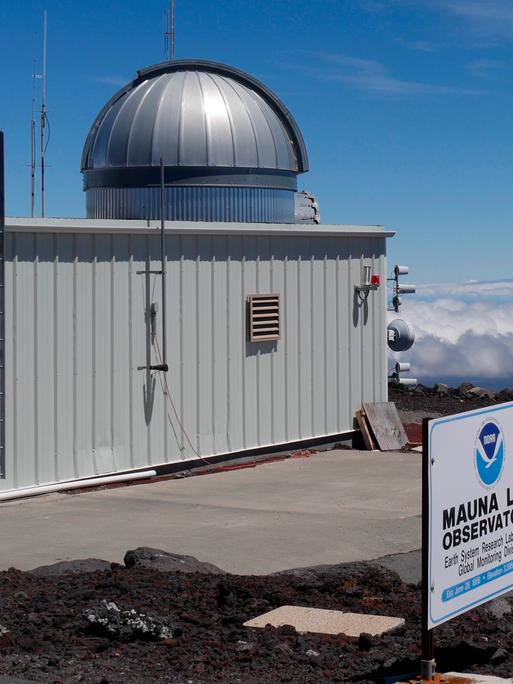 Ein flaches, weißes Messgebäude mit silberner Beobachtungskuppel auf einer kargen, dunklen Lavaebene unter blauem Himmel. Im Vordergrund ein Schild mit der Aufschrift „Mauna Loa Observatory".