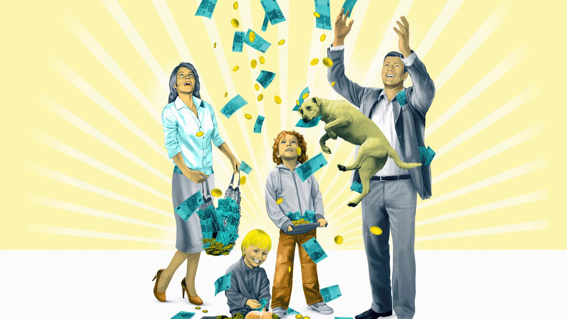 Eine freudige Familie mit Kindern fängt fallendes Geld auf.