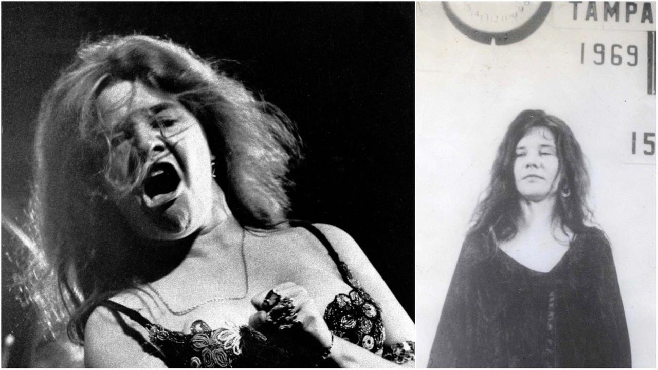 Links im Bild: Janis Joplin bei einem Auftritt (AP Photo), rechts ihr Booking Foto (Courtesy of Tampa History Center). Auf dem Live-Foto hat sei den Mund weit geöffnet, das Gesicht ist überall in Bewegung, die Haare hängen ihr ins Gesicht.