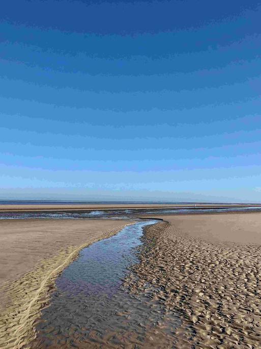 Ein Bächlein im Watt und der Ausblick aufs Wattenmeer unter blauem Himmel.