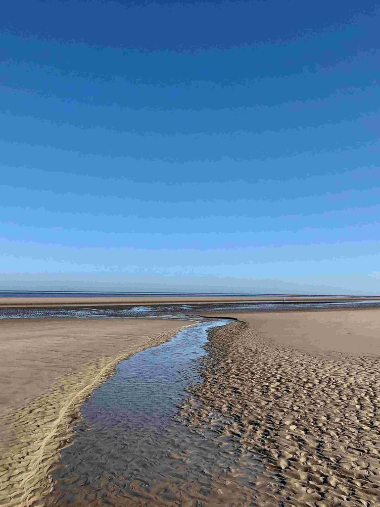 Ein Bächlein im Watt und der Ausblick aufs Wattenmeer unter blauem Himmel.