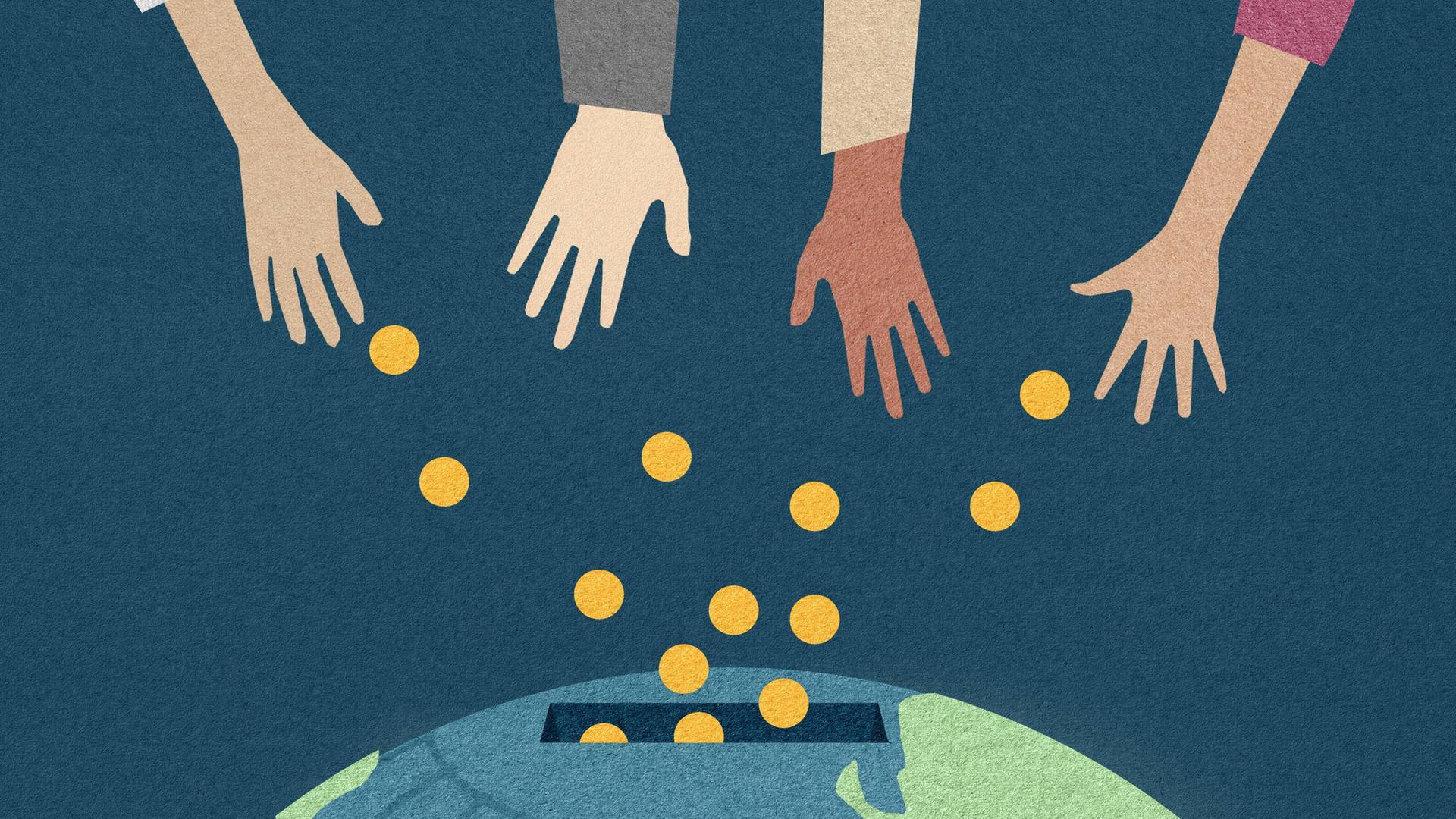 Hände spenden Geld auf einer Weltkarte.  