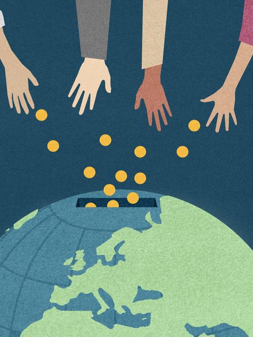 Hände spenden Geld auf einer Weltkarte.  