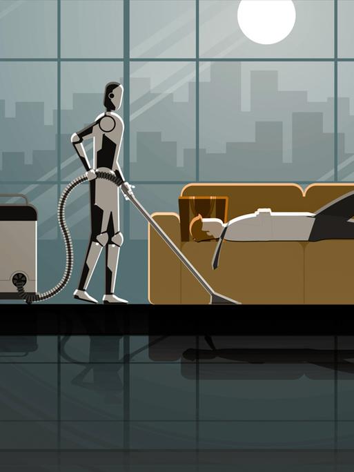 Ein Roboter mit Künstlicher Intelligenz saugt bei Mondschein den Boden in einer Wohnung, während eine Mann auf einem Sofa liegt und schlägt. 
