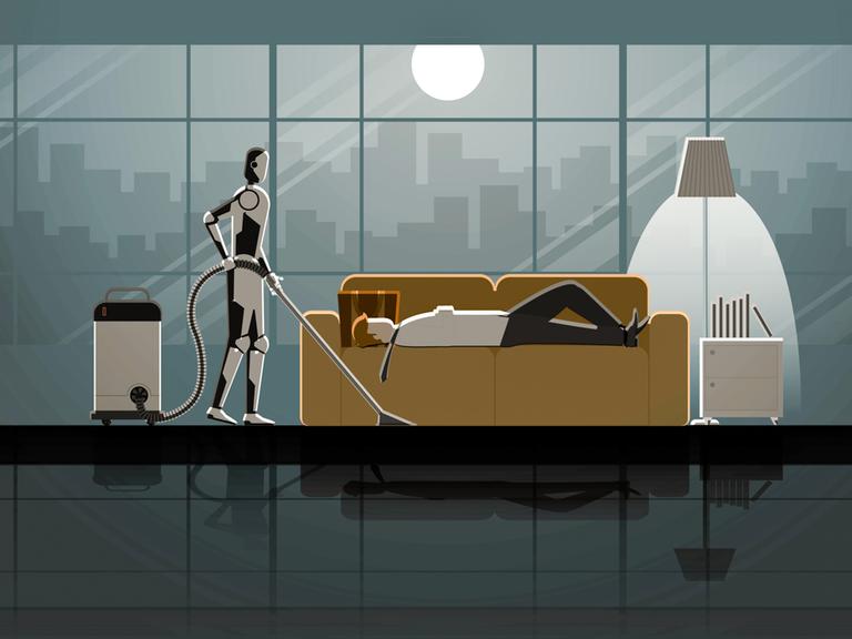 Ein Roboter mit Künstlicher Intelligenz saugt bei Mondschein den Boden in einer Wohnung, während eine Mann auf einem Sofa liegt und schlägt. 