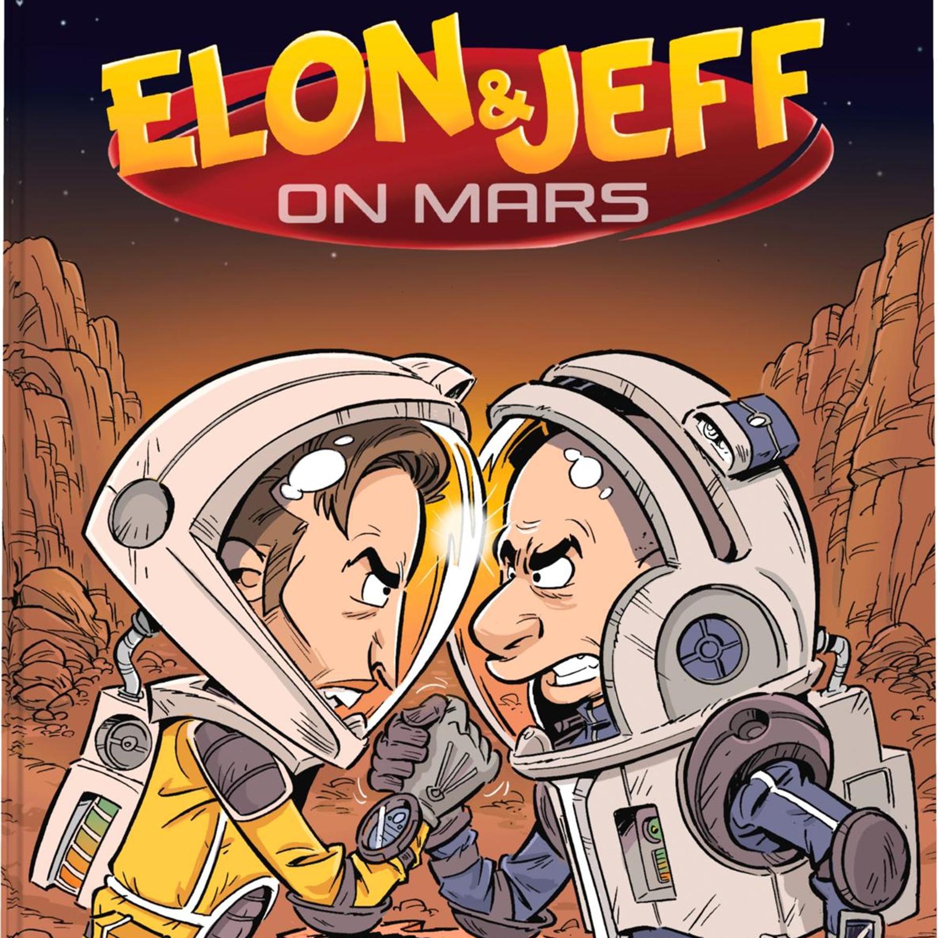 Cover des Comicbuchs "Elon & Jeff on Mars" von Marc-Uwe Kling, illustriert von Bernd Kissel. Eine Satire über Milliardäre, Mars und absurde Konflikte.