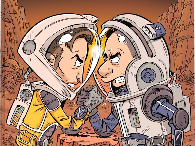 Cover des Comicbuchs "Elon & Jeff on Mars" von Marc-Uwe Kling, illustriert von Bernd Kissel. Eine Satire über Milliardäre, Mars und absurde Konflikte.