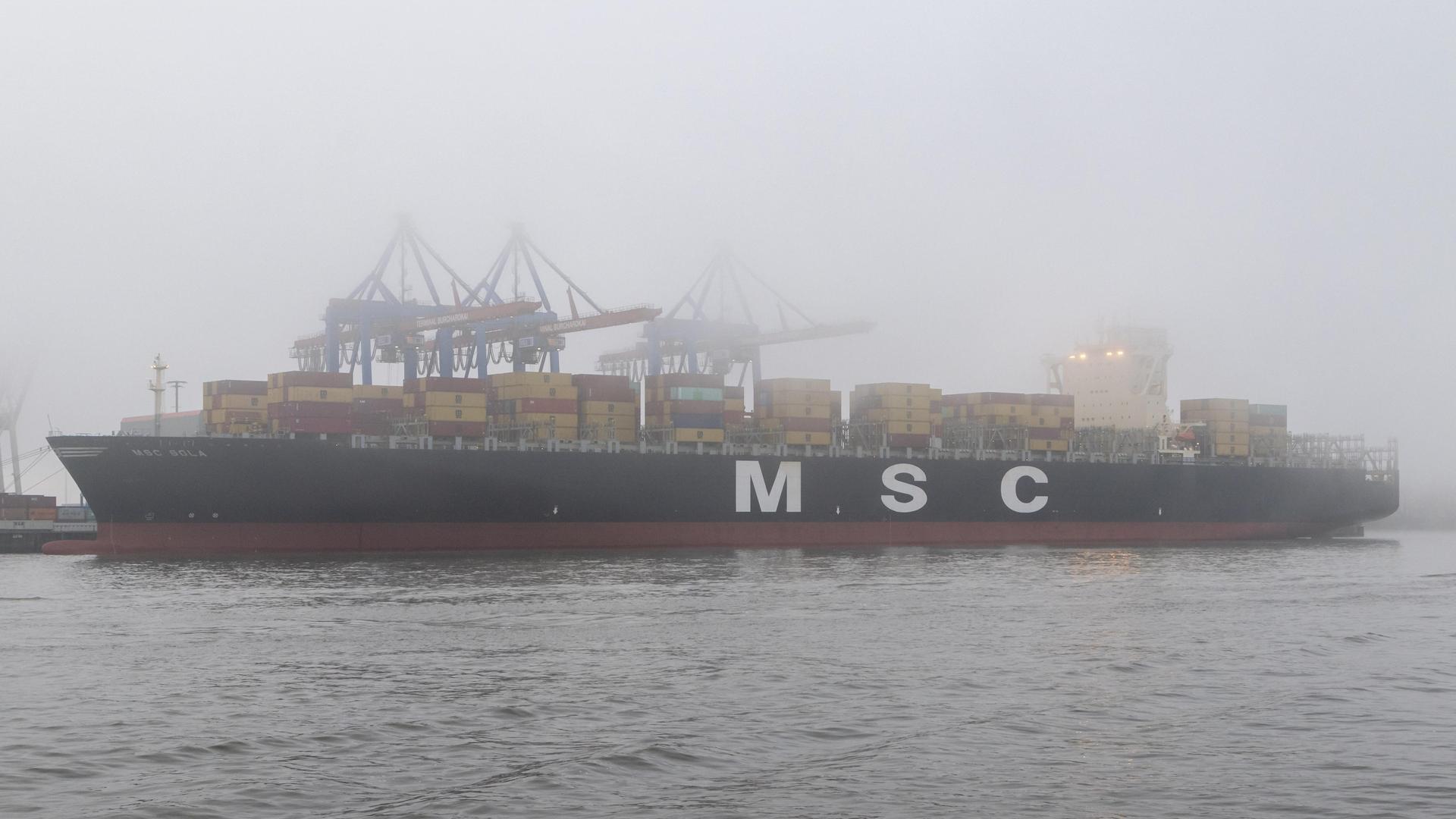 Starker Nebel im Winter, Containerbrücken und Containerschiff MSC Sola der schweizer Reederei MSC in dichten Nebelschwaden am Containerterminal Burchardkai im Hafen von Hamburg.