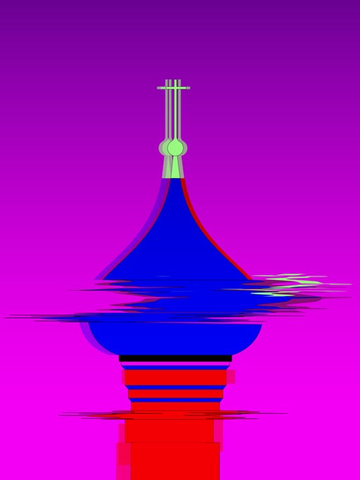 Eine bunte und digital verfremdete und verschwommene Kirchturmspitze. Der Turm ist einer russisch-orthodoxen Kirche nachempfunden.